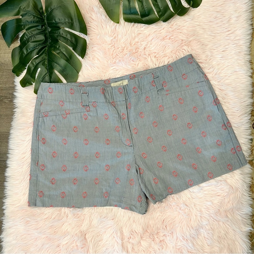 Loft Navy Blue White Stripe Coral‎ embroidered Cotton Chino Shorts 10 See Dets.